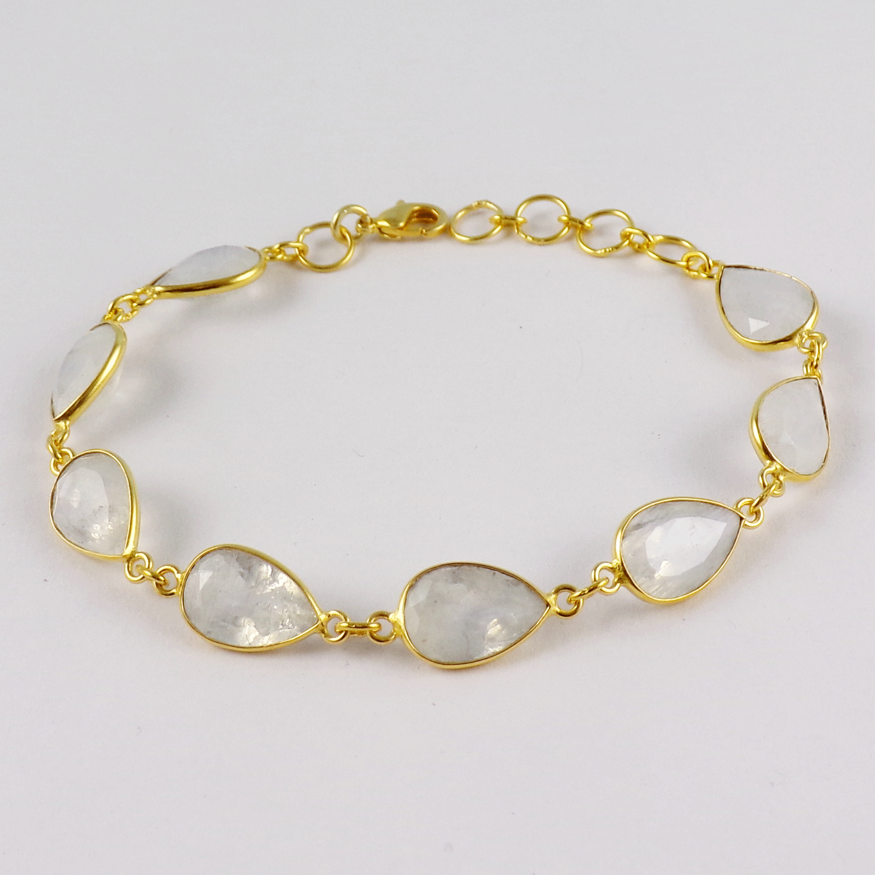 Natural Rainbow Moonstone Brass Bracelet V - BZB999 18K Gold Plated Cut Pear Shape 9x11mm Bezel Setting Brass Bracelet